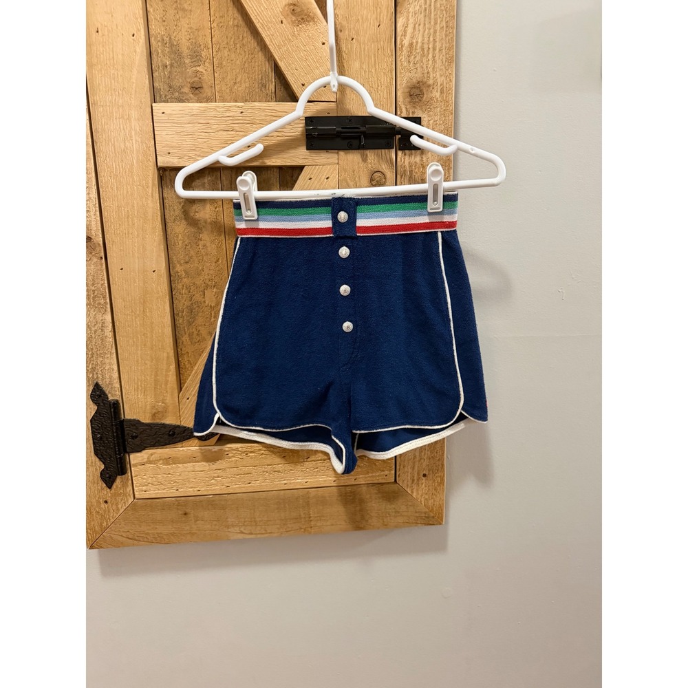Vintage Levis Terry Cloth Shorts Navy Blue Striped Waist Button Front Medium